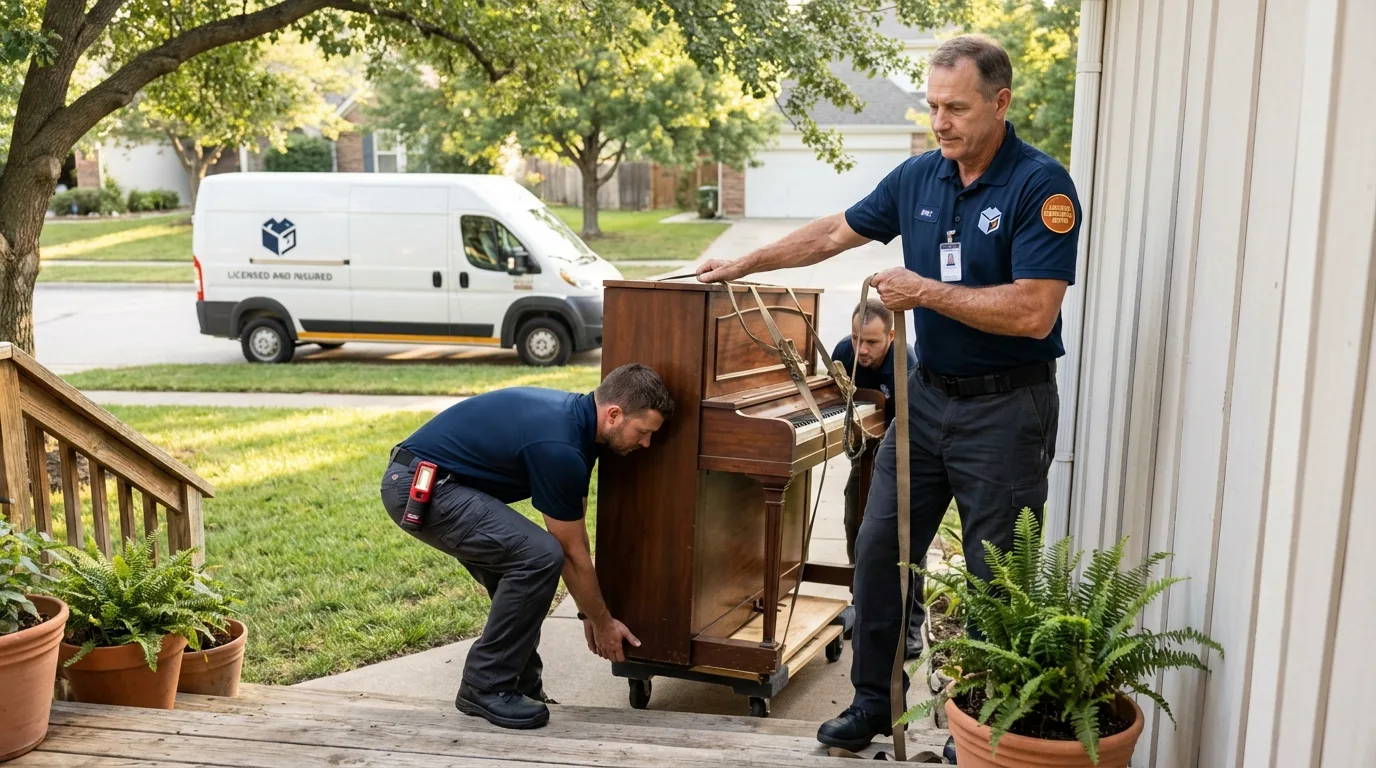 Licensed piano movers securing grand piano in New Smyrna Beach, FL