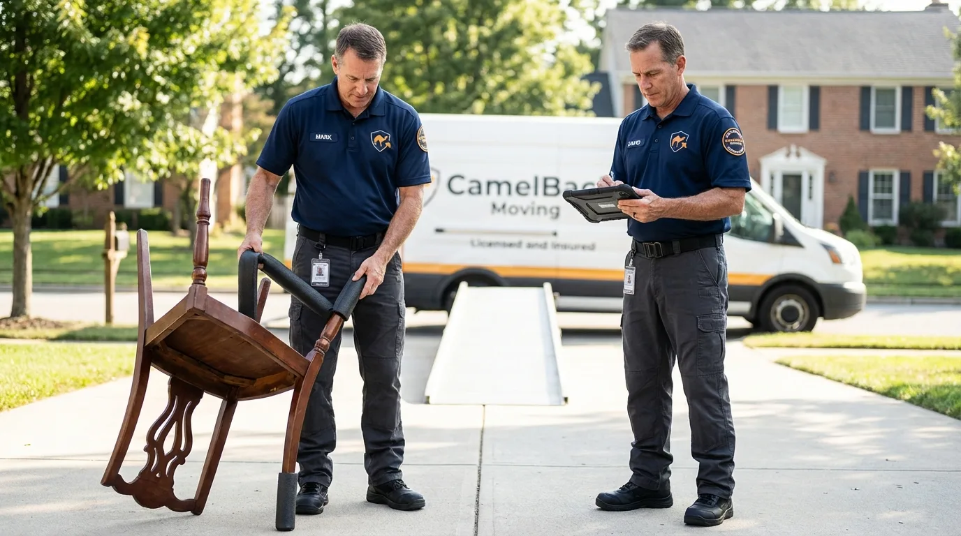 Movers inspecting furniture for damage prevention before loading in New Smyrna Beach, FL