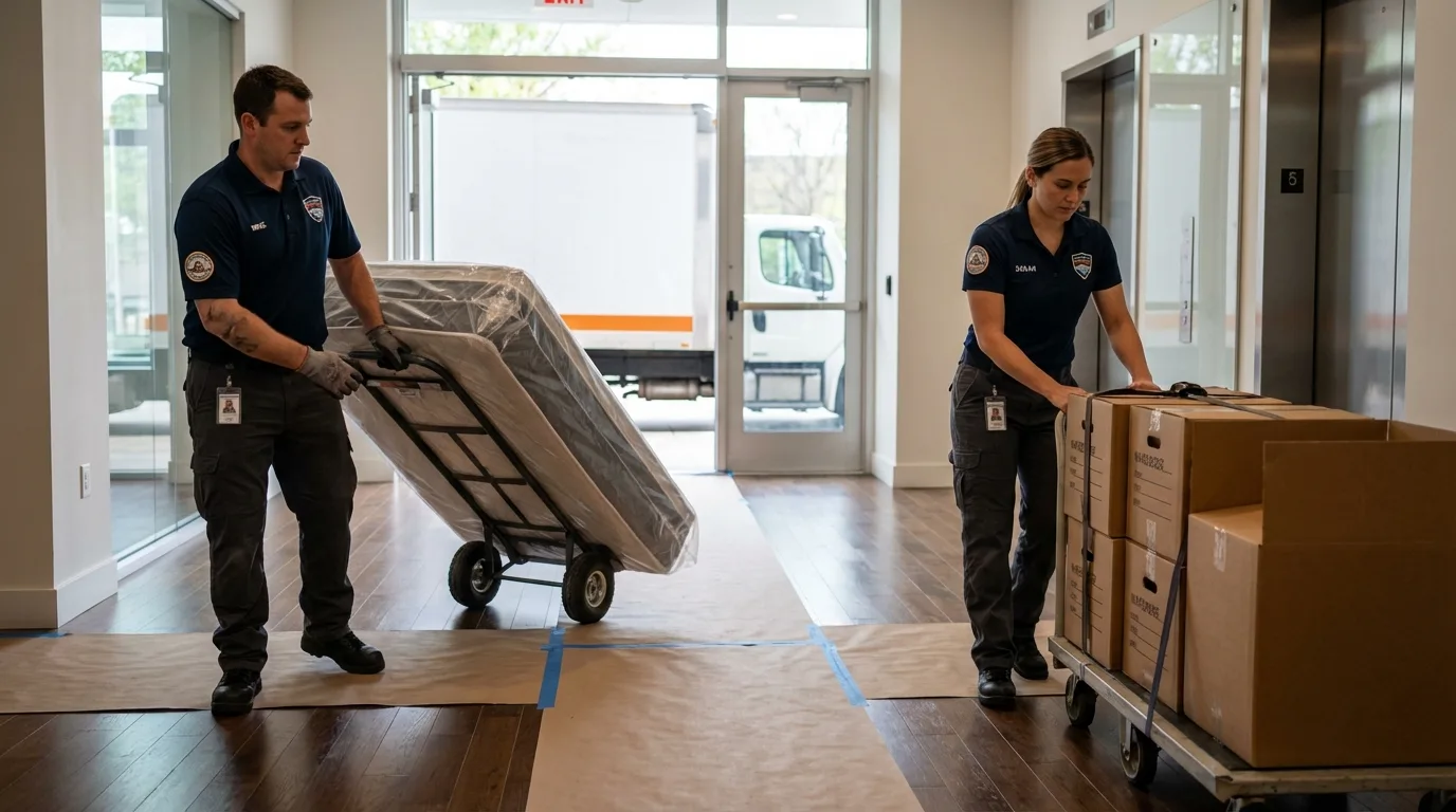 Professional apartment movers loading elevator in New Smyrna Beach, FL